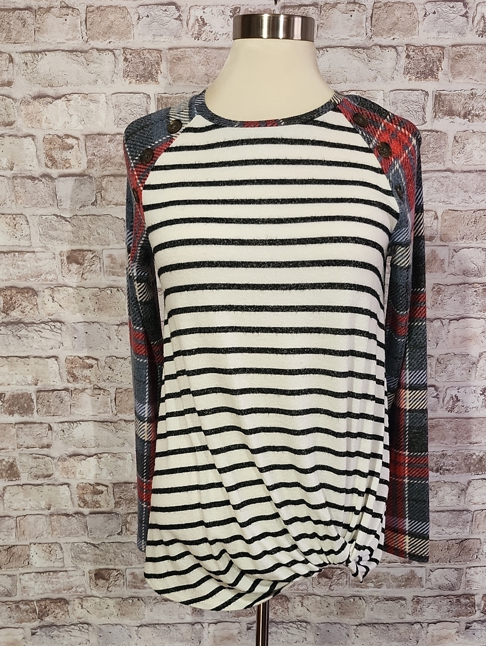 Maurices Black & White Striped Raglan Top with Red Plaid Sleeves